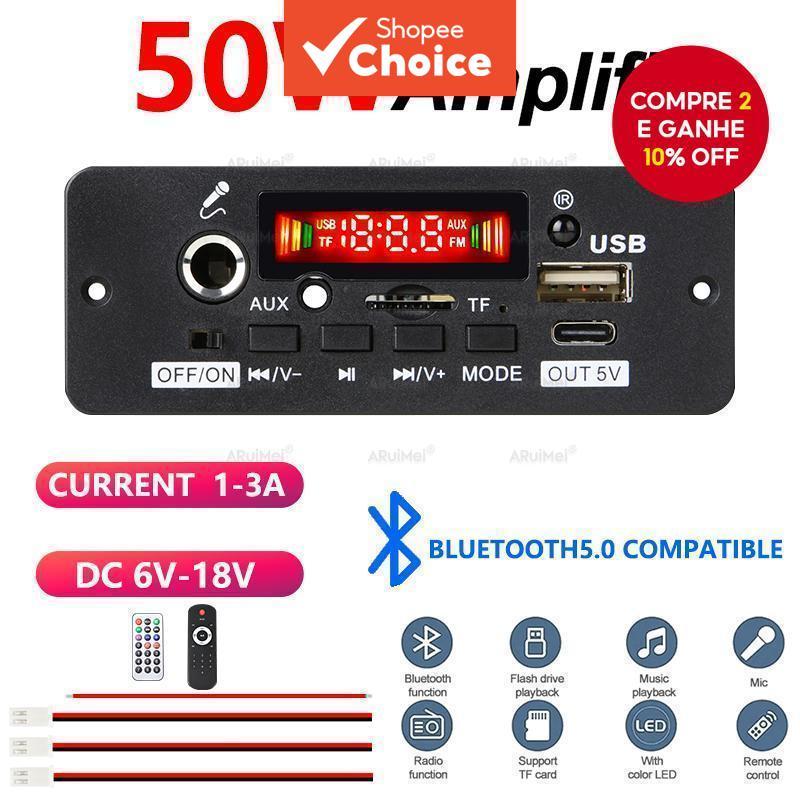  Placa amplificadora Bluetooth 5.0 2*25W com display remoto, fonte de alimentação DC6V-18V, módulo receptor de áudio