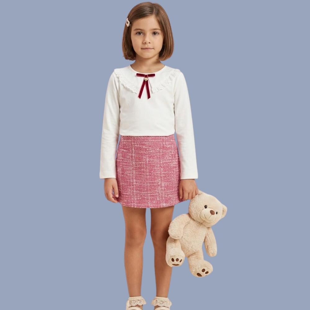 Conjunto Menina Momi Blusa e Shorts Saia Tweed cor Pérola/Rosa
