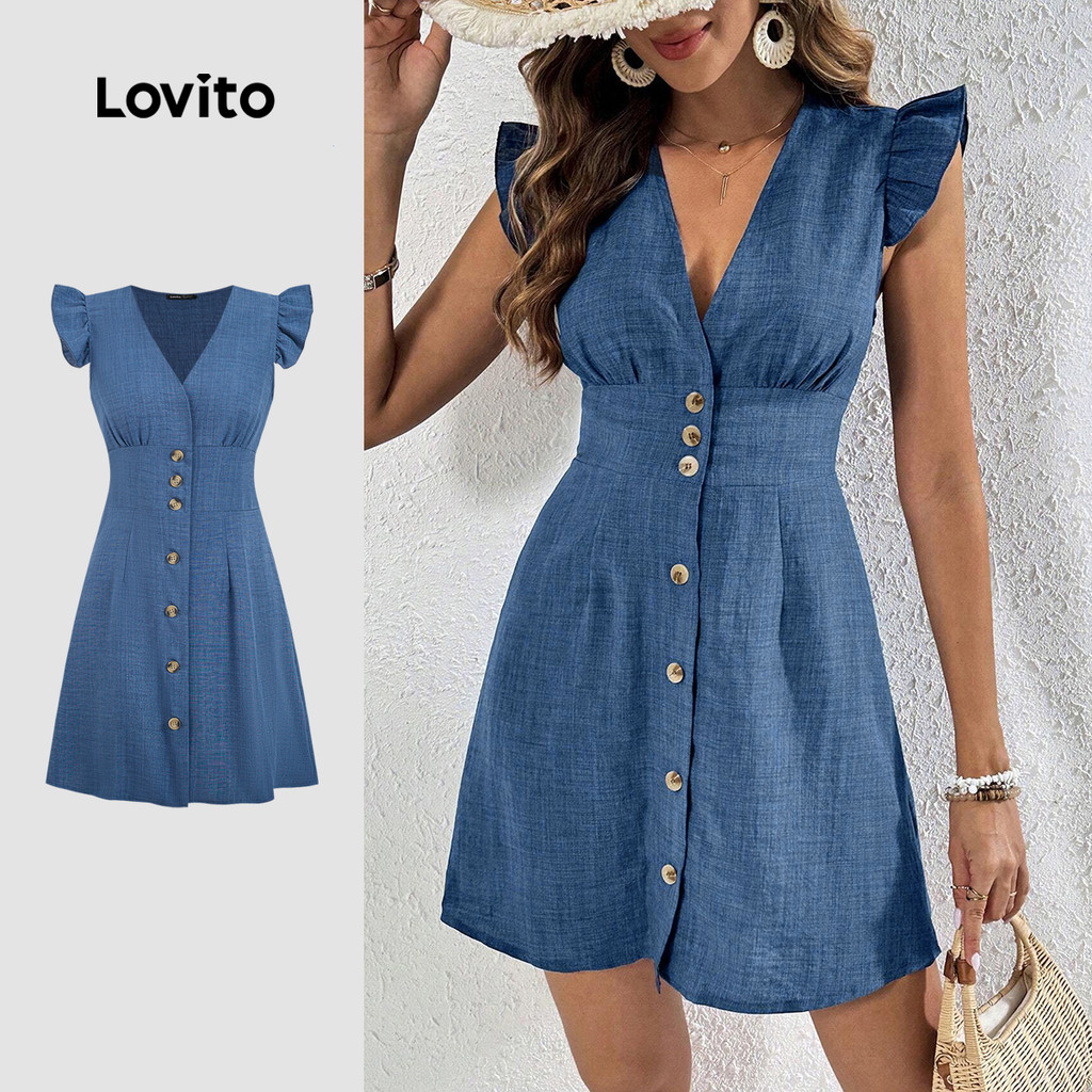 Lovito Vestido Casual com babados e botão primavera/verão vestido azul para mulheres LK3LD313