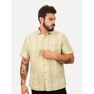 Camisa Dudalina Masculina Manga Curta Comfort Superfine Cotton Listrada Cáqui em Oferta na Shopee