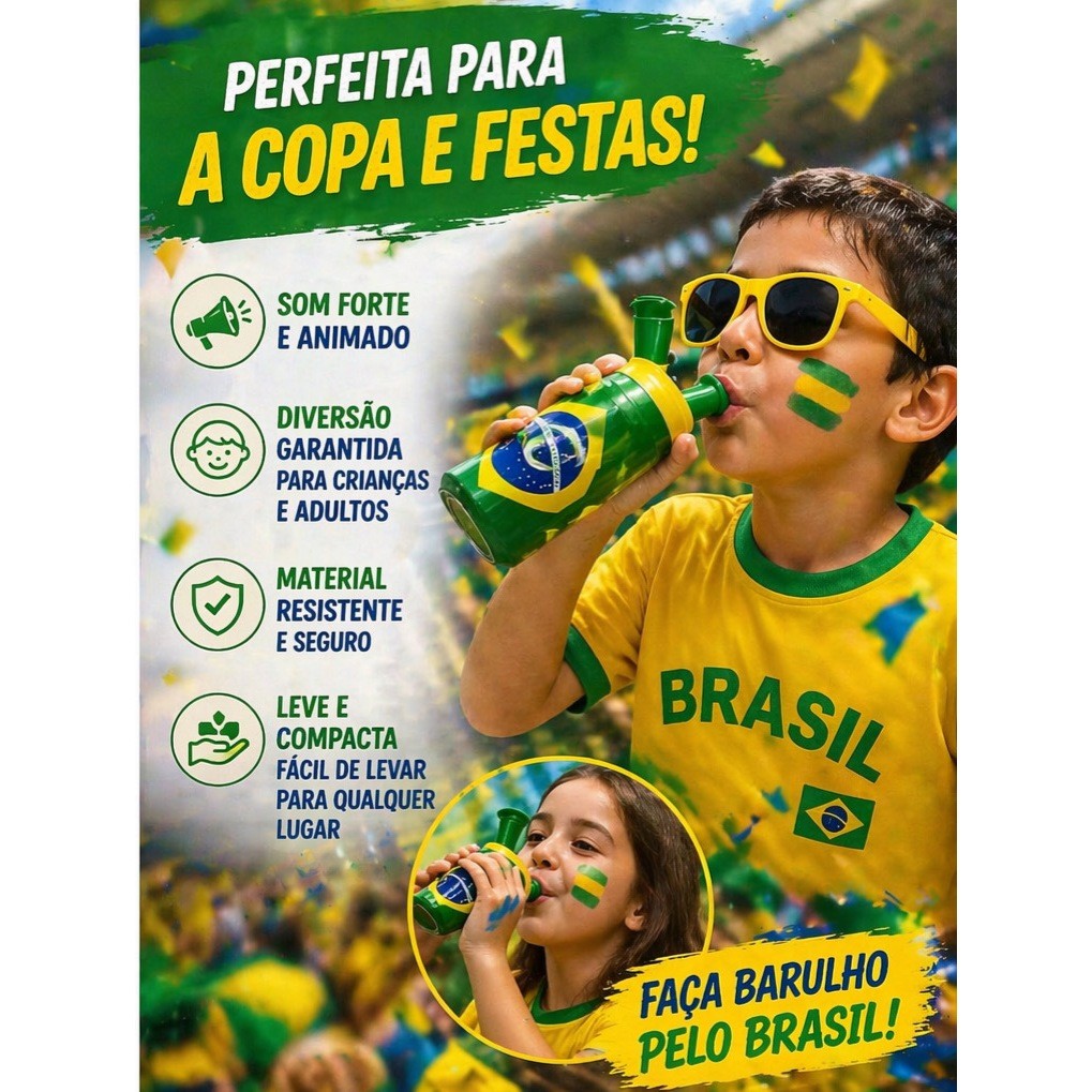 Vuvuzela de Plástico Lata do Brasil 15cm, Corneta Lata do Brasil, PLASTICO RESISTENTE