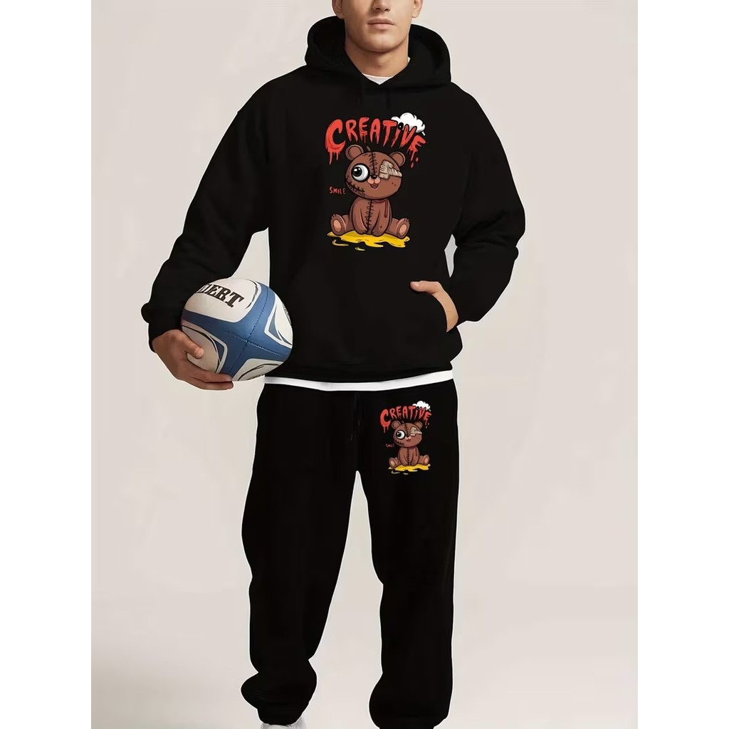 Conjunto Moletom Masculino Creative Blusa De Frio Canguru Bolso e Capuz + Calça Moletom Estampados Outono/Inverno