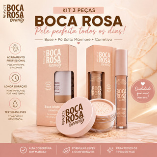 Kit Boca Rosa 3 Peças – Base + Pó Solto Mármore + Corretivo Alta Cobertura