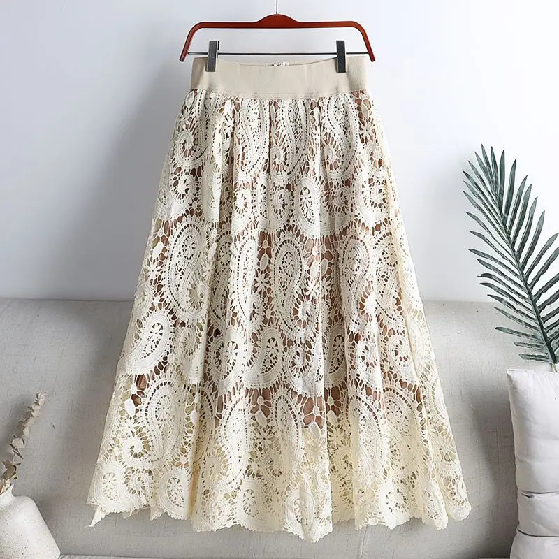 Saia Longa De Renda De Crochê Feminina Cintura Alta Linha A Maxi Elástico Queimado Retrô