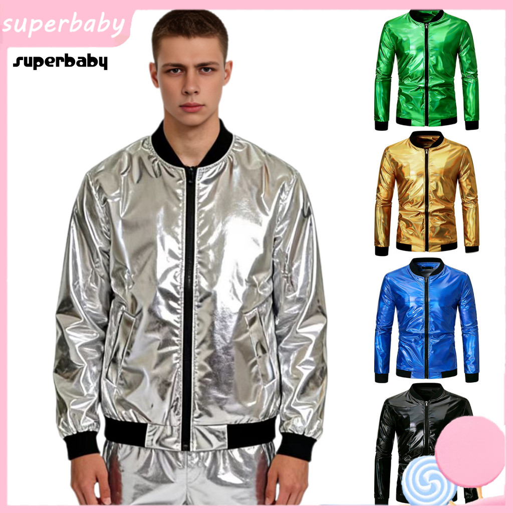 Casual Men Jacket Men's Stand-up Collar with Threaded Cuffs – Shiny Golden Stamping Coat Long Sleeve Outerwear for Spr