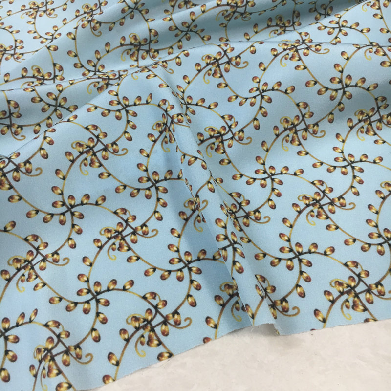Tecido de seda elástico duplo Crepe fresco fundo azul vitrificado flor videira Digital impresso vestido largo tecido de
