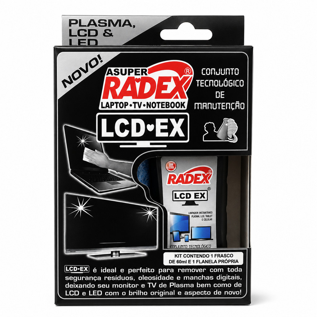 Limpa Telas LCD EX Radex 60ml Sem Álcool Com Flanela Para TV Notebook Celular