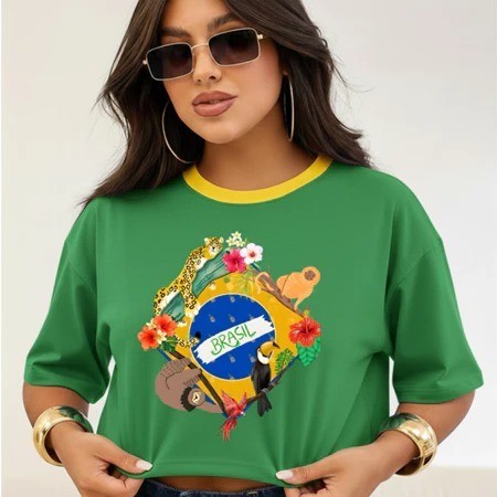 Cropped Feminino Brasil Estampa Tropical Oversized Algodão Camiseta Cropped Casual Streetwear