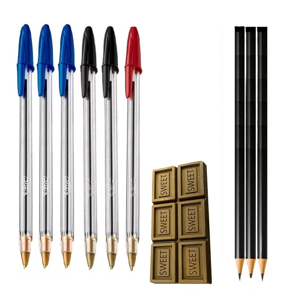 Kit Escolar 3 Lapis HB s/borracha 1 Borracha e 6 Canetas Bic