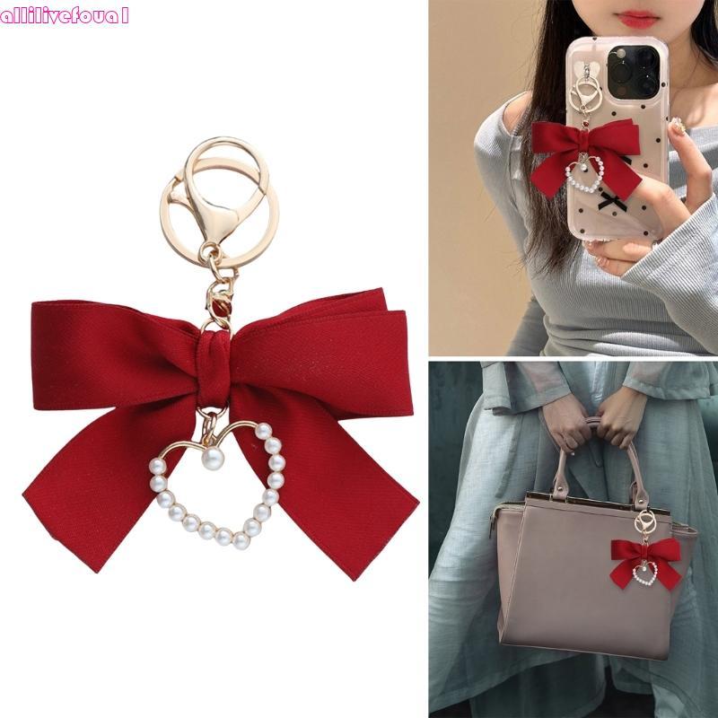 allilivefoua1 Chaveiro Feminino Elegante Com Pérolas , Coração E Fita , Acessório De Laço
