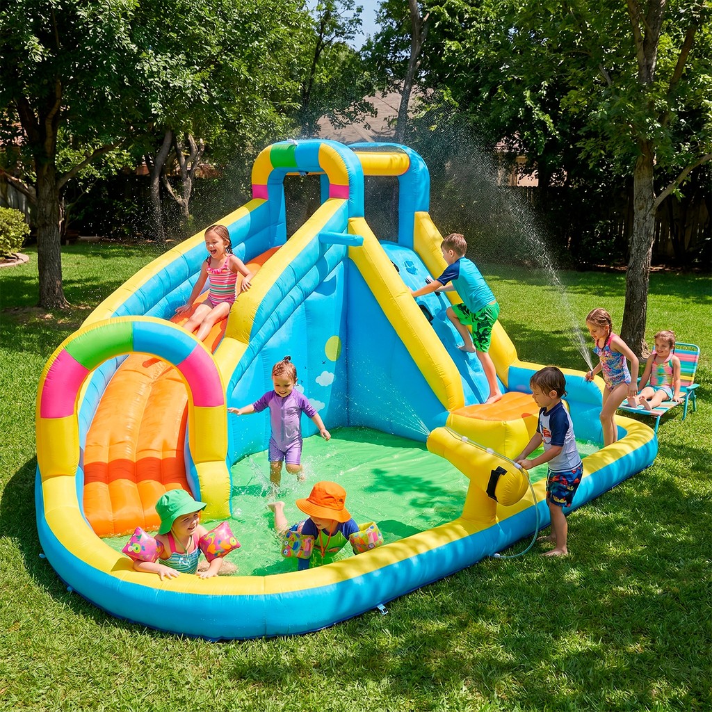 Imagem Parque Aquático Residencial Inflavel Playground Escorregador Escalada Tobogã Piscina Canhão de Agua