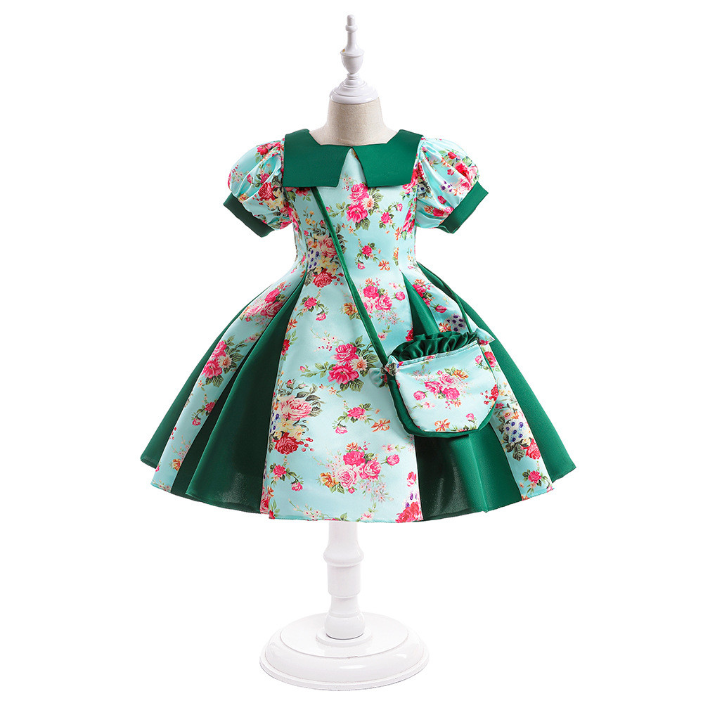 Amazon novo estilo meninas vestido de princesa vestido estampado vestido de flor de natal vestido de menina com bolsa