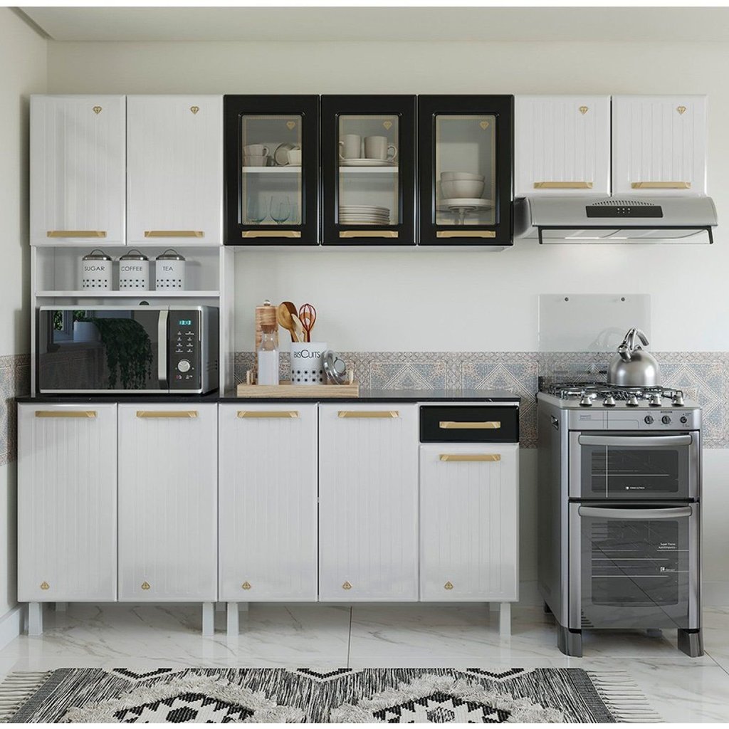 Cozinha de Aço Compacta Modulada 4 Peças 12 Portas 1 Gaveta Diamante Branco/Preto Branco/Preto