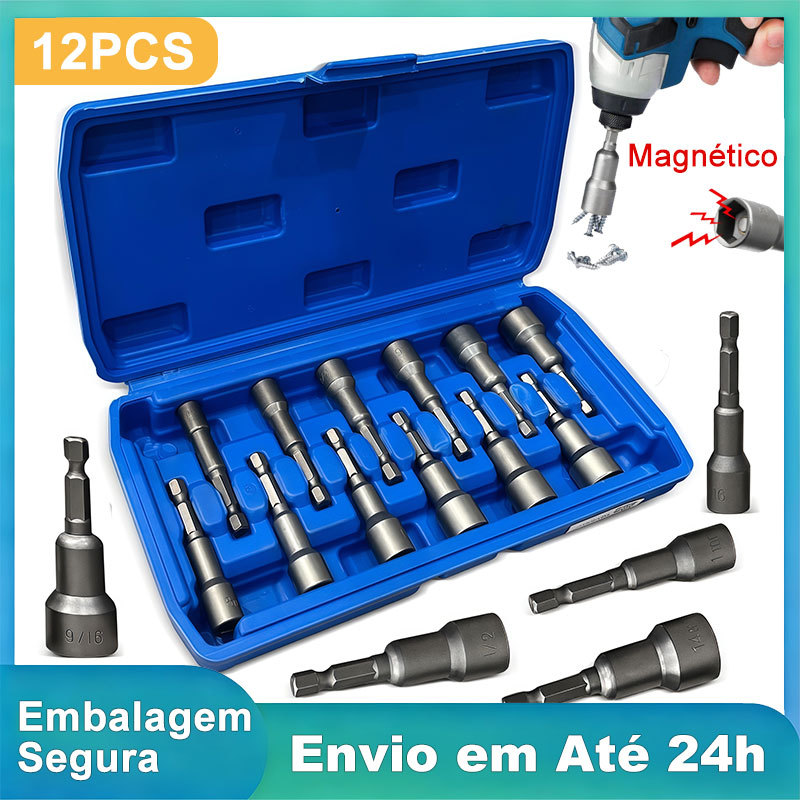 Jogo 12 Peças Pontas Soquete Magnético Tipo Cachimbo Chave Canhão Sextavado para Parafusadeira