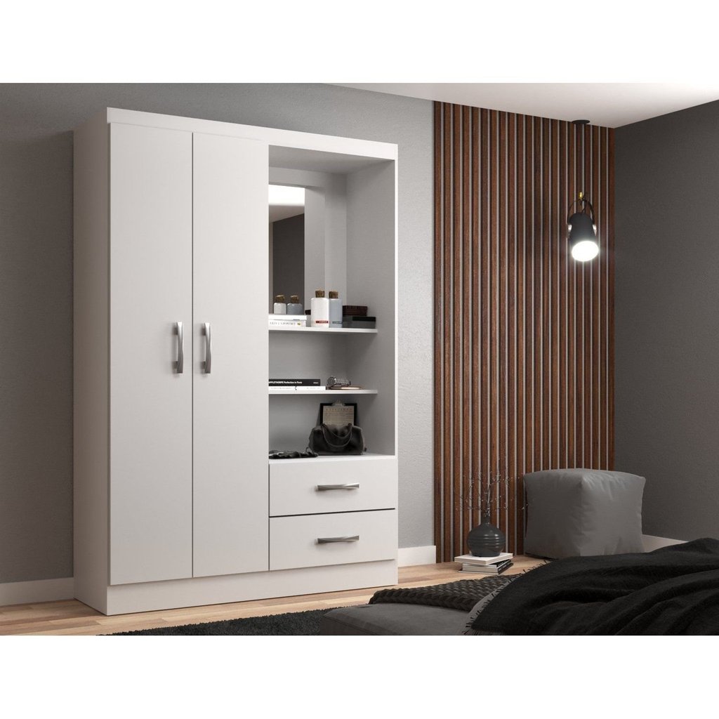 Guarda Roupa Solteiro 2 Portas 2 Gavetas com Espelho Capelinha Branco Yescasa Branco