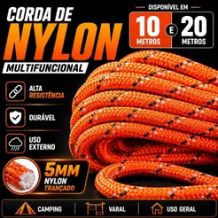 Corda Nylon Trançada 5mm 10m 20m Alta Resistência Multiuso Varal Camping Amarração Carga Reforçada