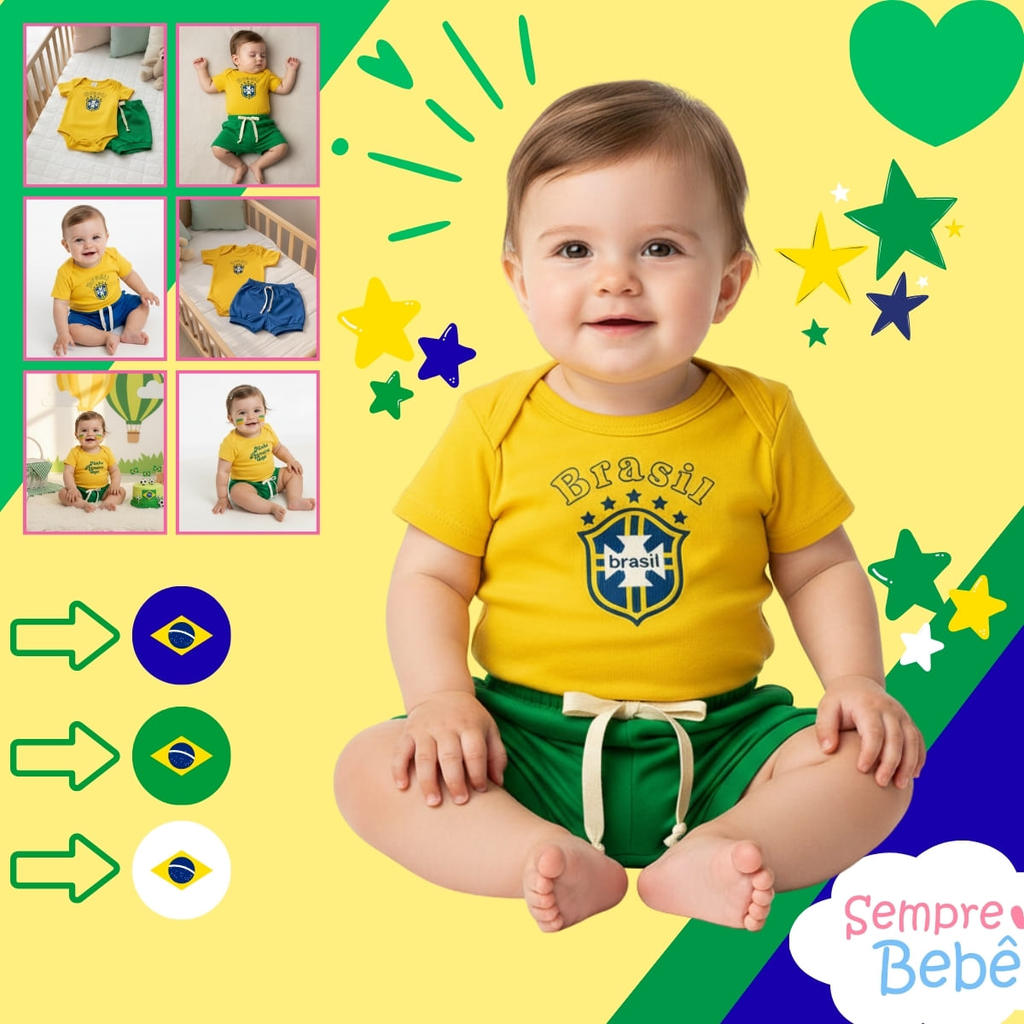 Conjunto Roupa Bebê Mesversário Conjuntinho Roupinha Menino Menina Seleção Brasil Minha Primeira Copa Mundo Brasileira