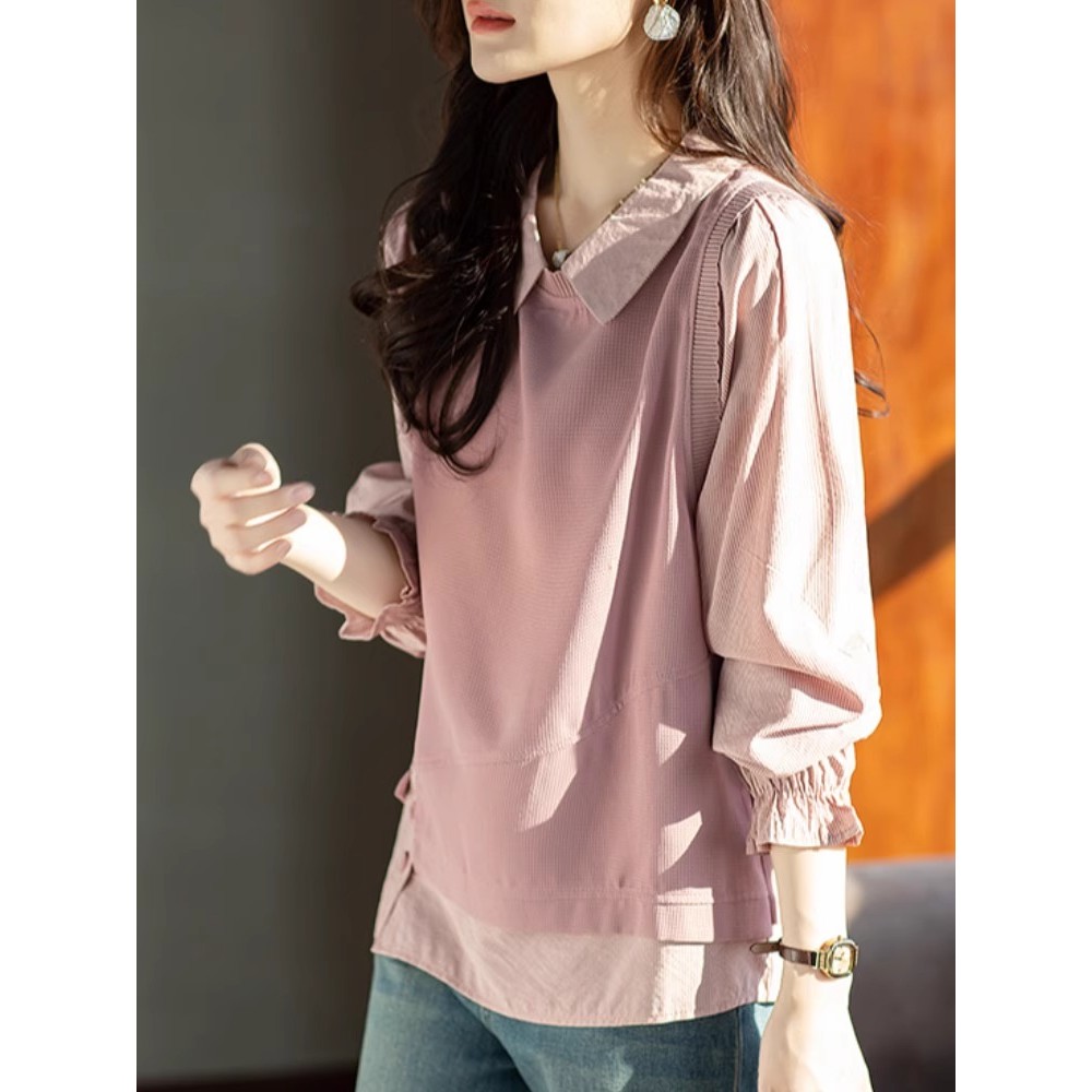 F falso camisa de manga comprida de duas peças feminina primavera outono novo estilo moda Casual estilo ocidental reduzi