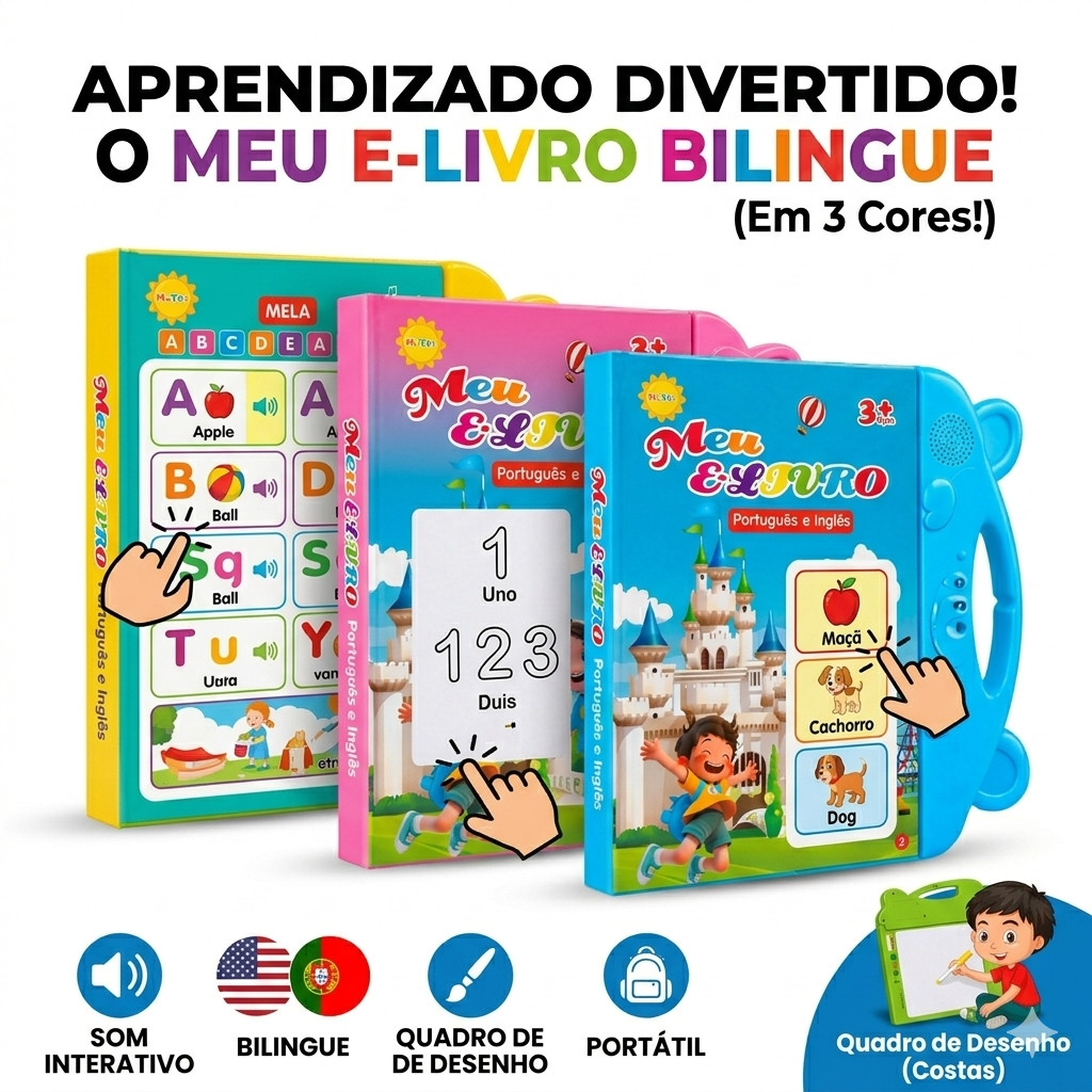 Livro Educativo Bilíngue Interativo Com Som e Lousa Mágica 2 em 1 Brinquedo Infantil