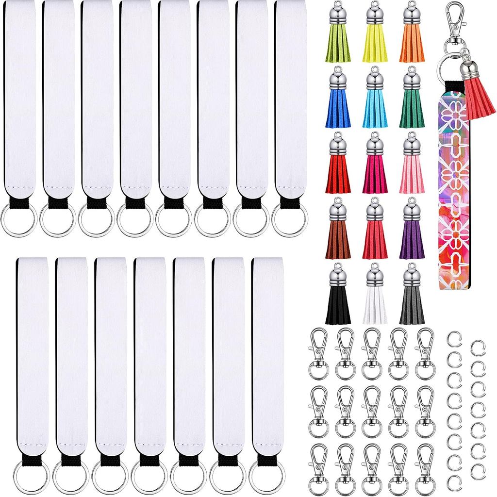 Hicarer 60 Pcs/15 Set Sublimation Blanks Wristlet Keychain Set, Sublimation Lanyard Blank Keychain Tassels Neoprene Wris