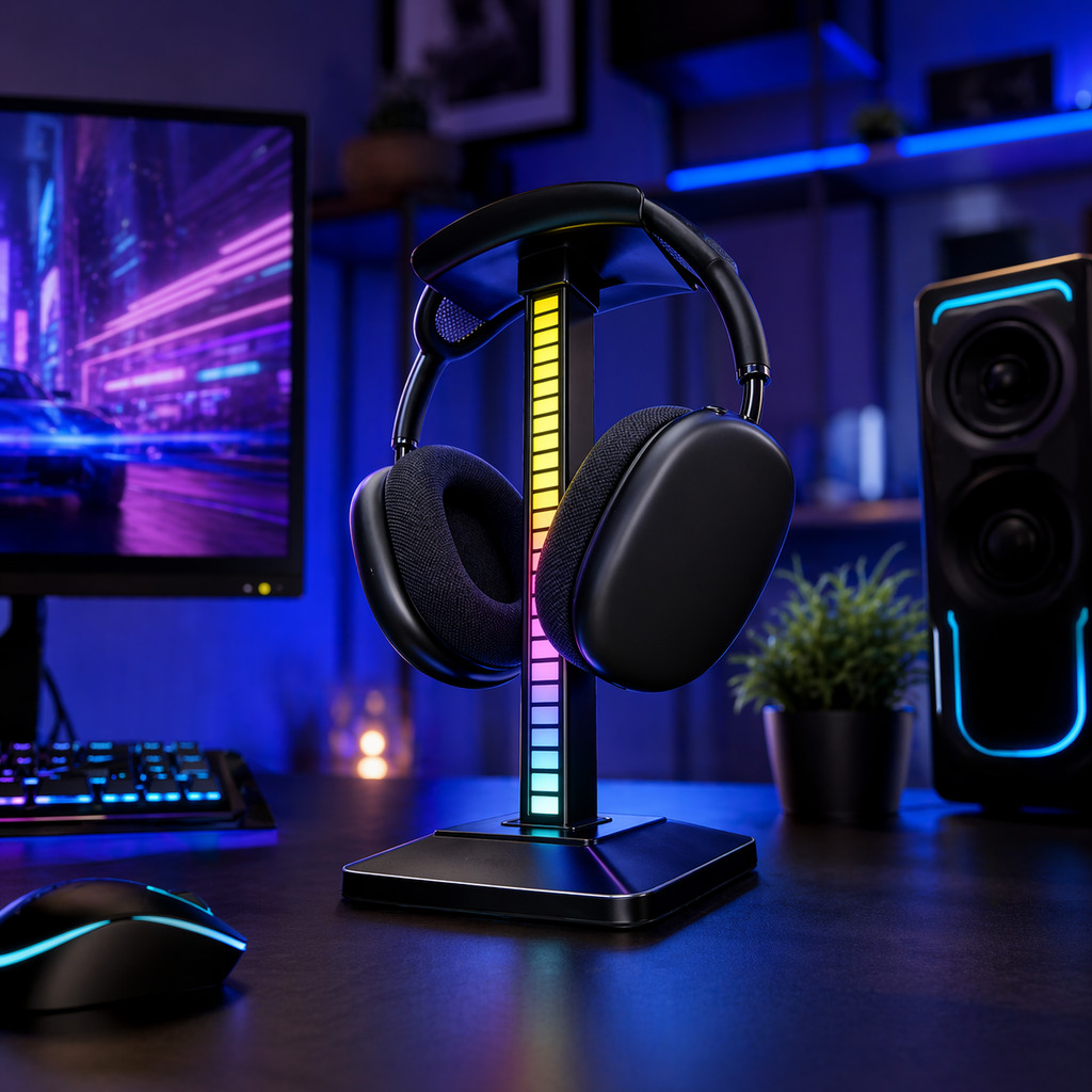 Suporte para Headphone com Luz RGB ao Som LED para Setup Gamer Mesa PC Notebook USB Plug e Play LE-198