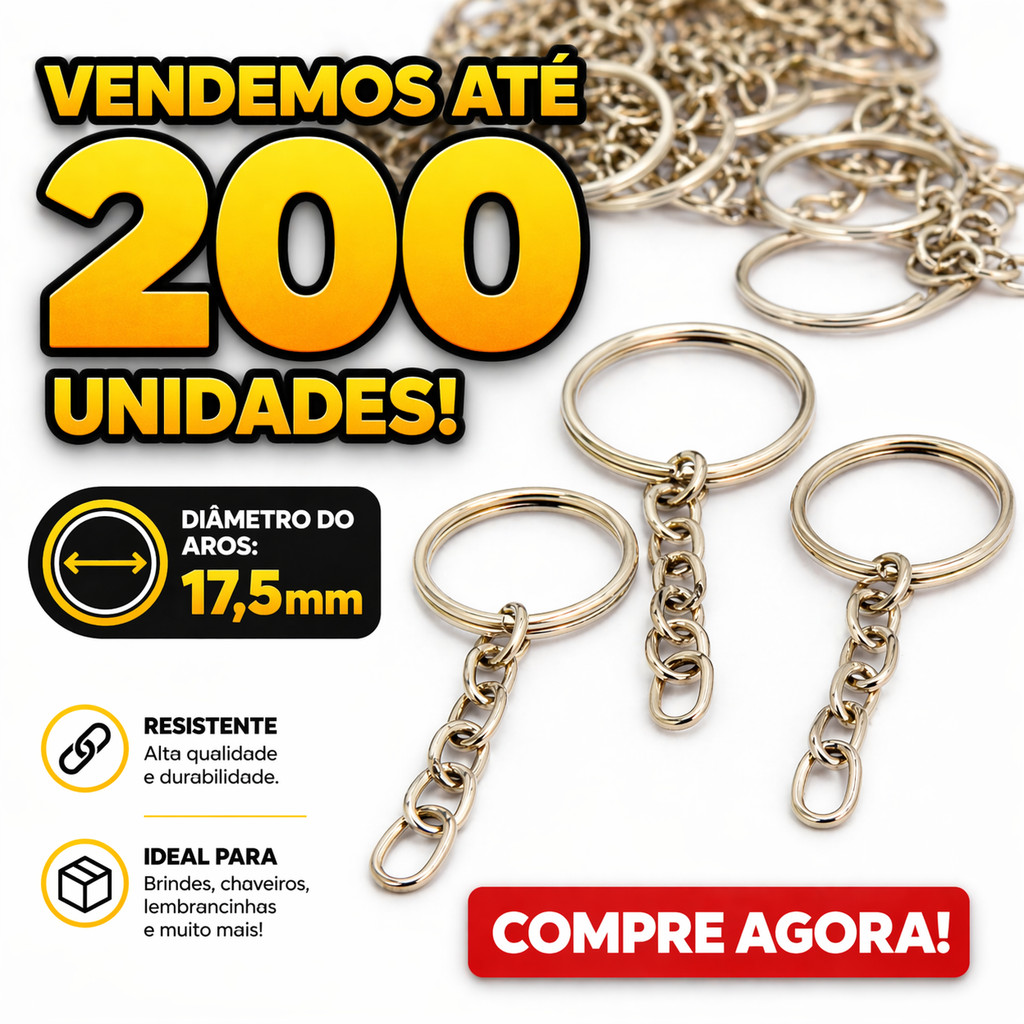 Argola para Chaveiro com Corrente 17,5mm Alta Qualidade Kit até 200 Unidades