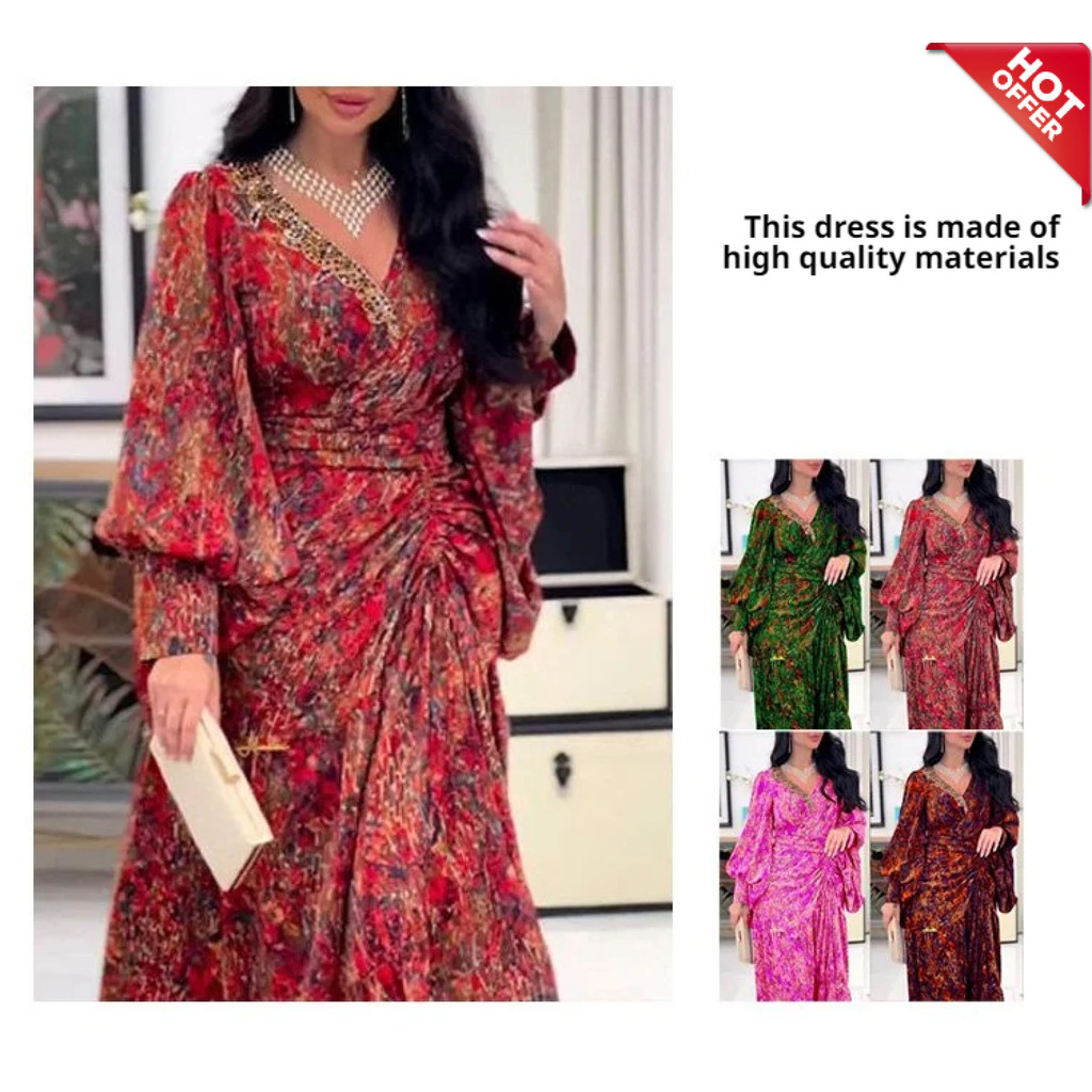 【Cintura Ajustada】 Vestido Feminino Com Decote V E Estampa Vestido Feminino/Vestido Com Decote V