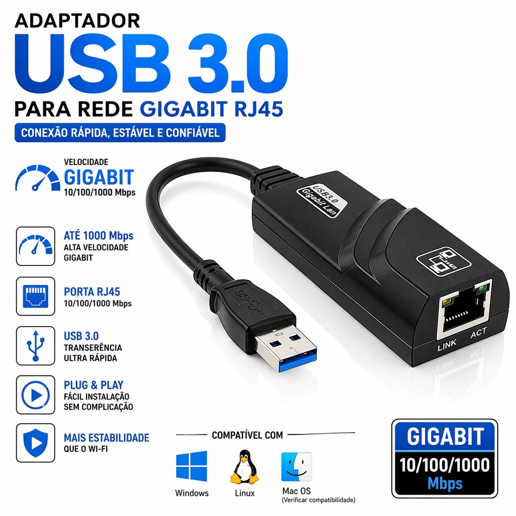 Adaptador Ethernet Rede Usb Internet 10/100/1000 Mbps Gigabit RJ45 Placa Lan Notebook PC