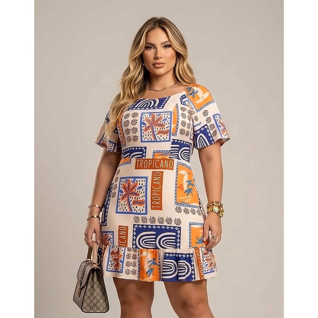 Vestido Curto Plus Size Estampado Acinturado com Manga Curta Soltinha Vestido Curto Plus Size Estampado Acinturado