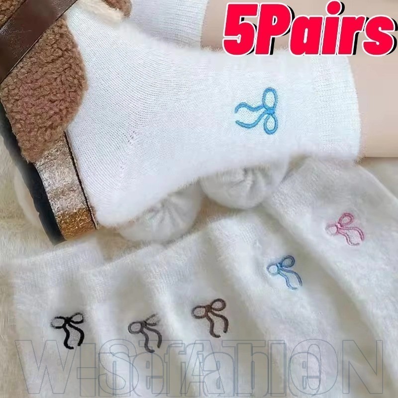 5 Pares De Meias De Pelúcia Bordadas Com Laço – Panturrilha Doce Punho Canelado Confortáveis , Grossas , Quentes Coreana