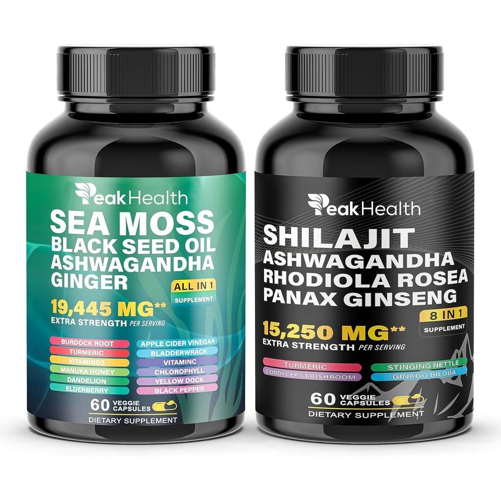 Peakhealth Cápsulas de Shilajit, Musgo Marinho, Óleo de Semente Preta e Ashwagandha para Homens e Mulheres, Combo de 2 F