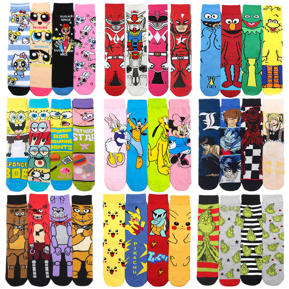 4 Pares De Meias Masculinas Com design De Desenho Animado Para Esportes E Lazer , Femininas De Comprimento Médio Adequad