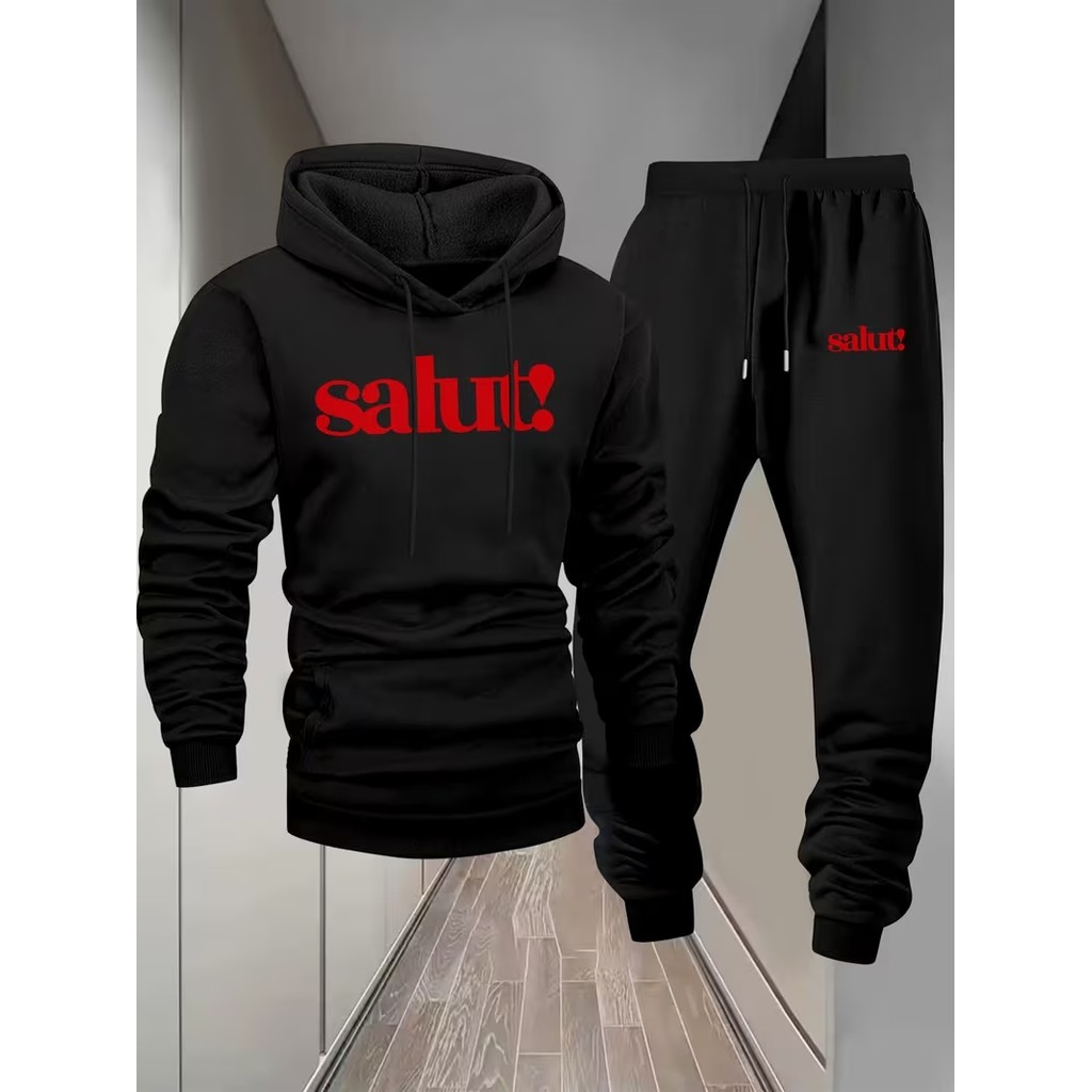 Conjunto Moletom Masculino salut Blusa De Frio Canguru Bolso e Capuz + Calça Moletom Estampados Unissex Outono/Inverno