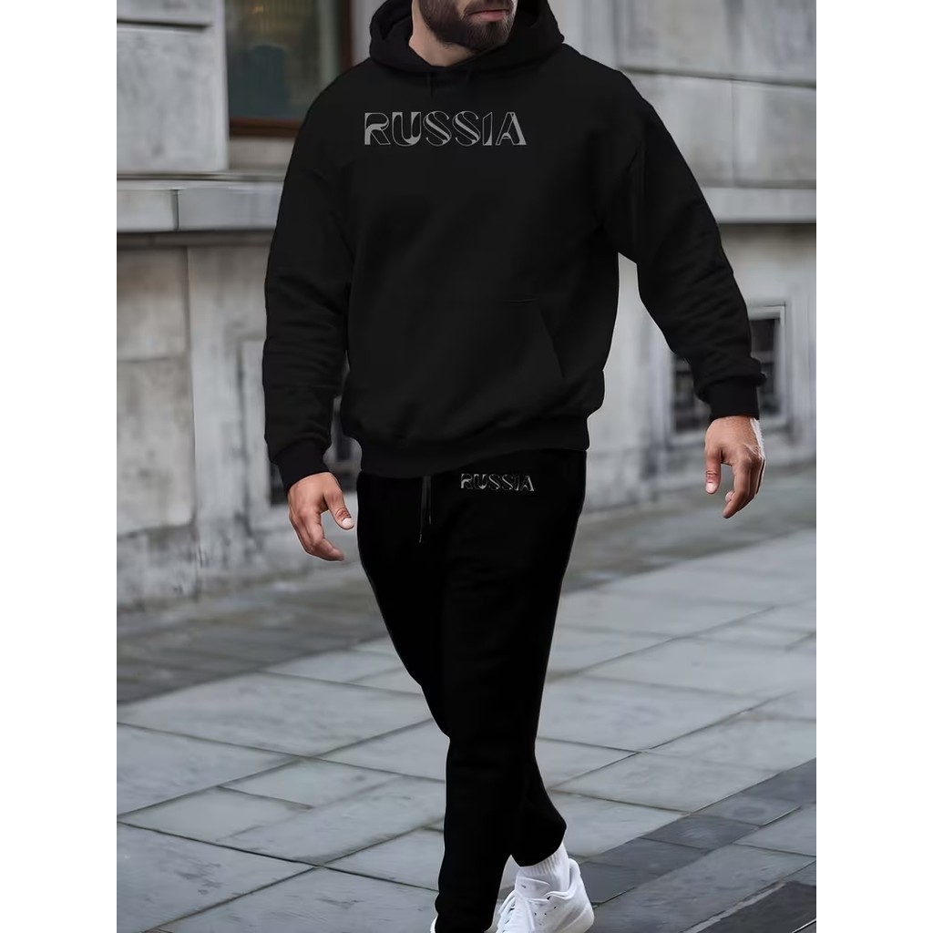 Conjunto Moletom Masculino Russia Blusa De Frio Canguru Bolso e Capuz + Calça Moletom Estampados Unissex Outono/Inverno