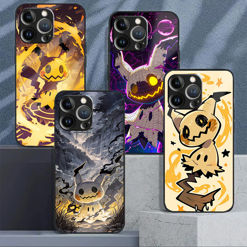 Mimikyu Pokemon 10 Caso De Telefone Vidro Para IPhone 16 15 14 13 12 11 Pro XR XS Max Plus Mini X 8 7 6s SE2/3 Capa