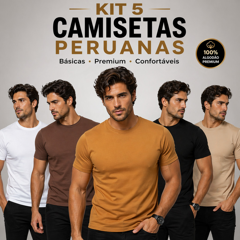 Kit 5 Camisetas Masculinas Malha Peruana Premium | Qualidade & Estilo