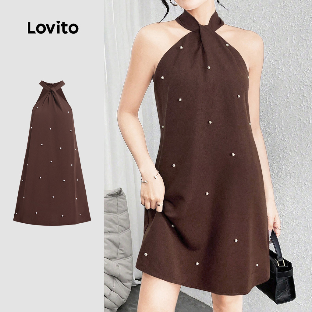 Lovito Elegante Vestido pérolas plissado primavera/verão vestido marrom para mulheres LK3ED1790