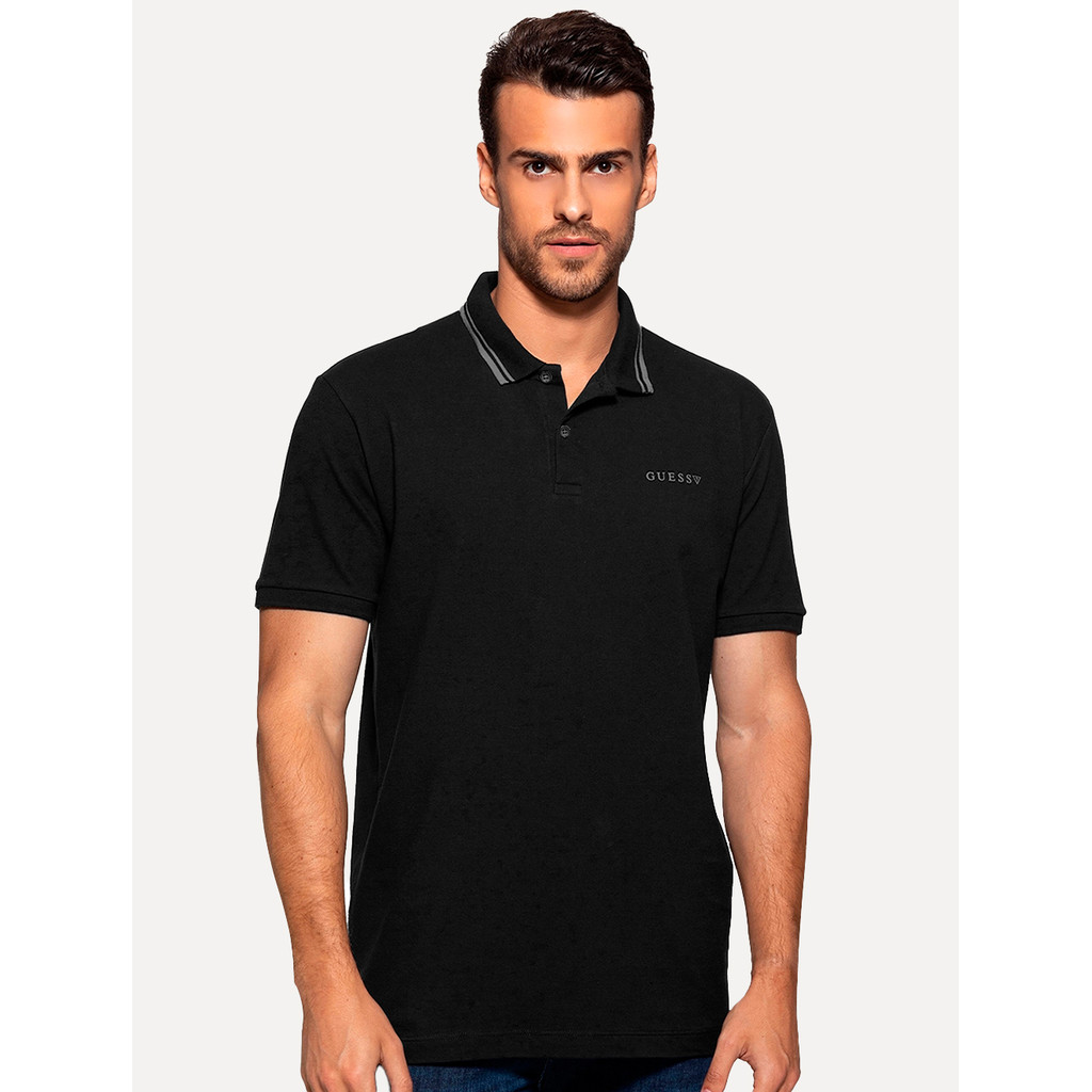 Polo Guess Masculina Piquet Silk Peito Frisos Gola Preta