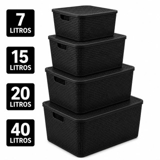 Caixa Organizadora Preta Rattan com Tampa ESCOLHA O TAMANHO DESEJADO  (7L / 15L /  20L / 40L)