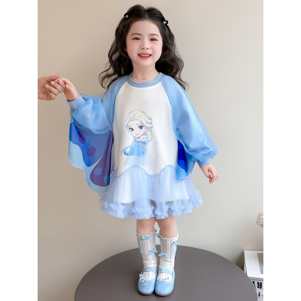 Meninas Elsa asas vestido primavera outono 2026 novo estilo elegante vestido de manga comprida primavera vestido de prin