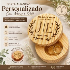 Porta Alianças Personalizado 13cm em Madeira Pinus | Gravação a Laser com Nome e Data | Casamento