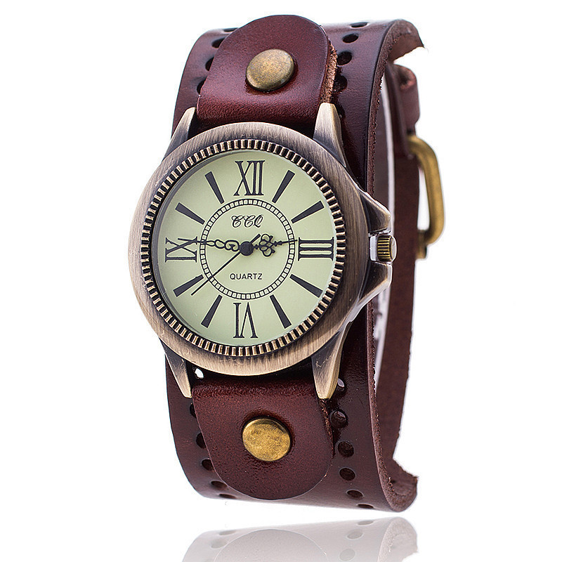 Relógio de couro genuíno vintage com numerais romanos, relógio de couro de vaca, relógio de quartzo masculino, relógio f