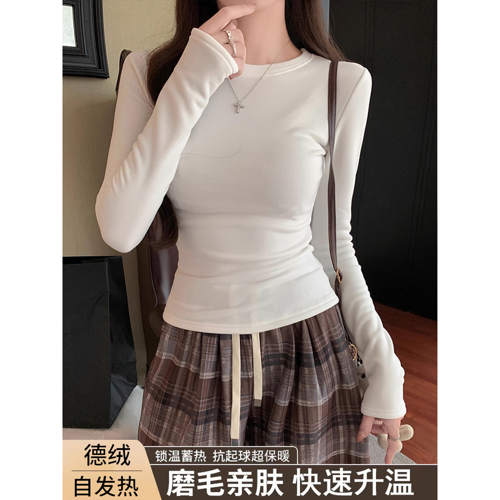 Dupla face alemão veludo camisa de fundo de manga comprida camiseta feminina outono inverno novo estilo quente em torno
