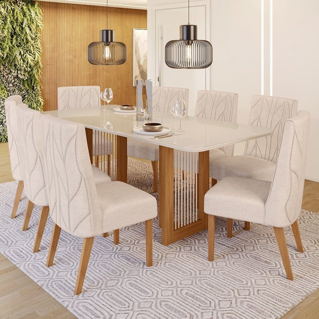 Conjunto Sala de Jantar Tampo MDF/Vidro 8 Cadeiras Michelle Bege/Nature/Off White/Linho Nature/Off White/Linho