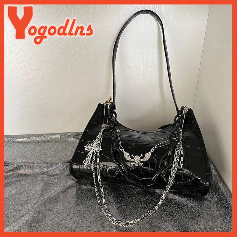 Bolsa de Ombro de Couro PU Vintage Gótica Yogodlns com Corrente de Caveira Feminina