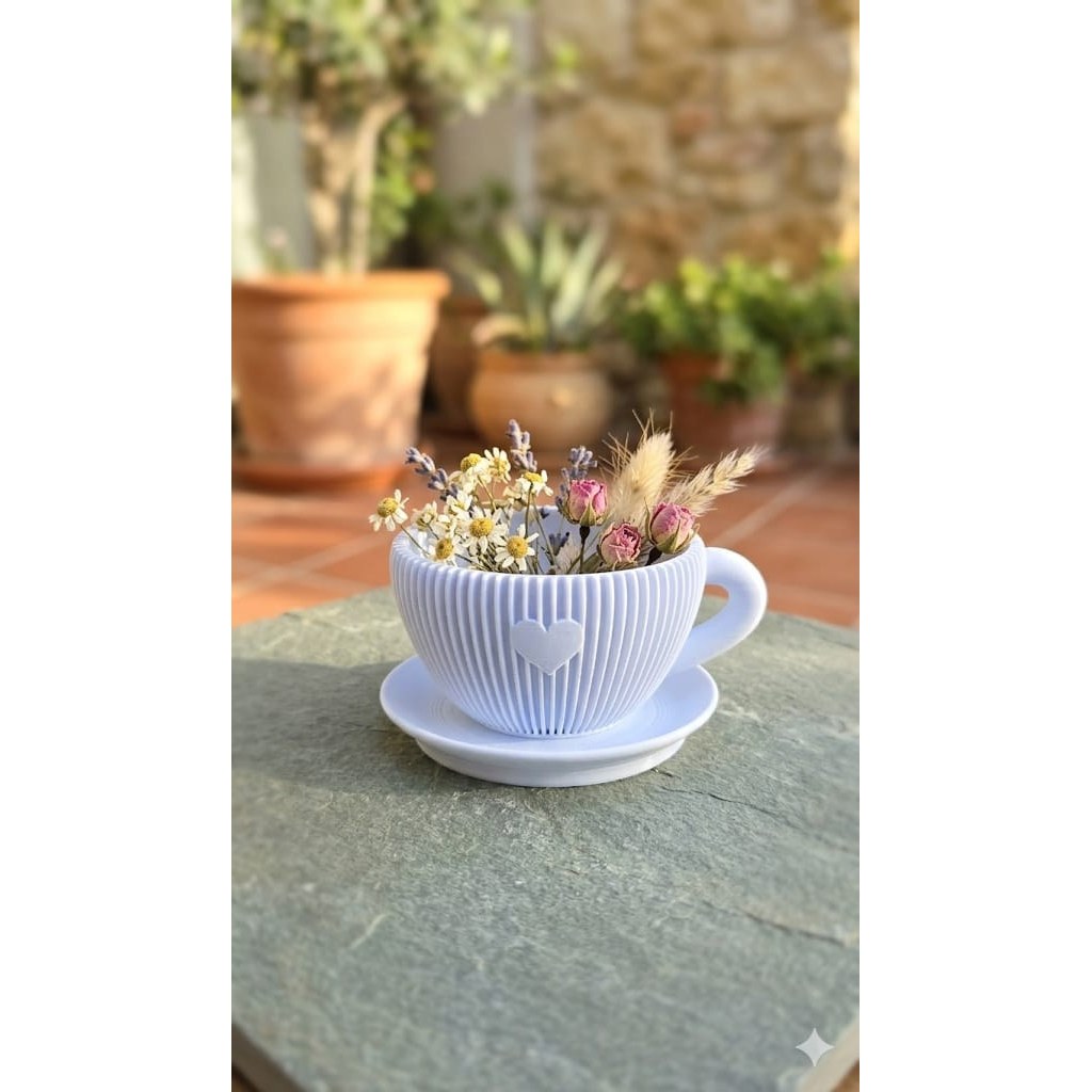 Vaso Decorativo Xícara Coração Moderno Design Minimalista Cachepot 3D Mesa Sala Quarto