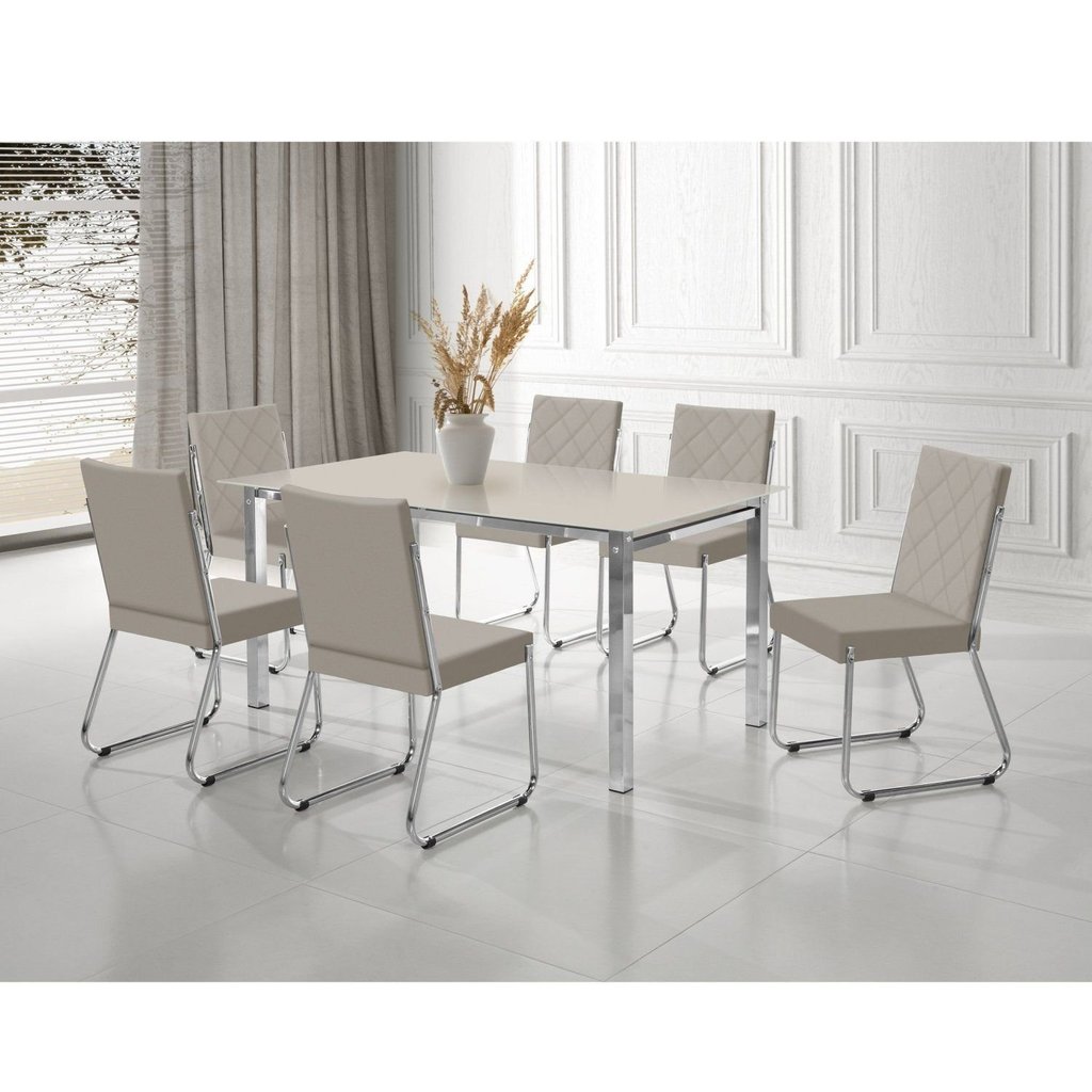 Conjunto Sala de Jantar Mesa Ortenia Tampo Vidro com 6 Cadeiras Dinah New Bege/Cromado Cromado/Bege Claro
