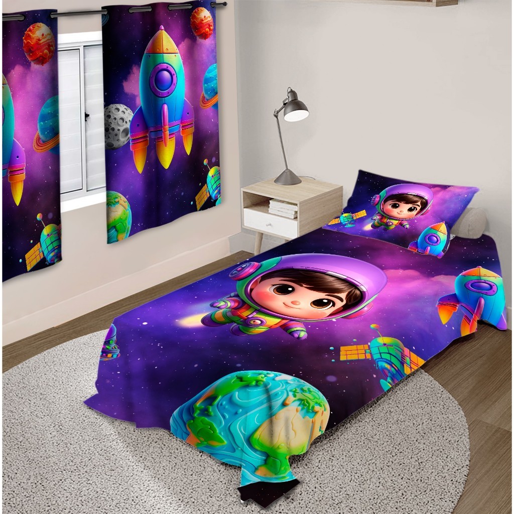 Kit Jogo de Quarto Infantil Cortina Jogo Lençol Cobre Leito Tema Espaço Bebe Astronauta Menino | Entrega rápida