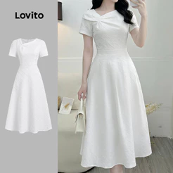 Lovito Vestido Branco com Zíper e Pregas Elegante Primavera/verão para Mulheres LK4LD1956