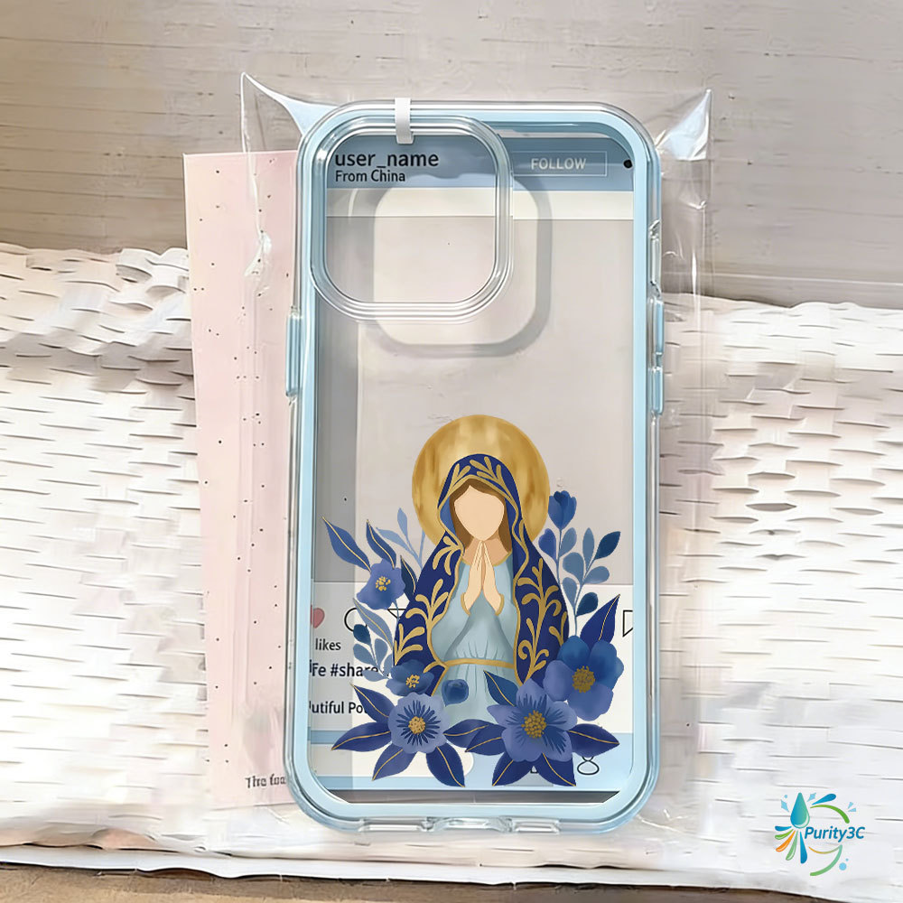Capa de celular transparente 2 em 1 para iPhone 17 Pro Max 13 11 16 15 12 14 Plus Nossa Senhora Maria Azul Capinha Caso
